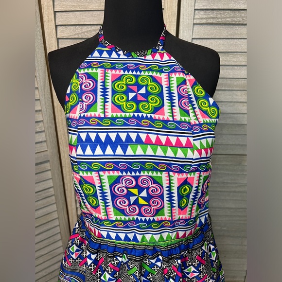 Vintage One of a Kind Geometric Artsy Print Ruffled Halter Backless Maxi Dress - Picture 5 of 13